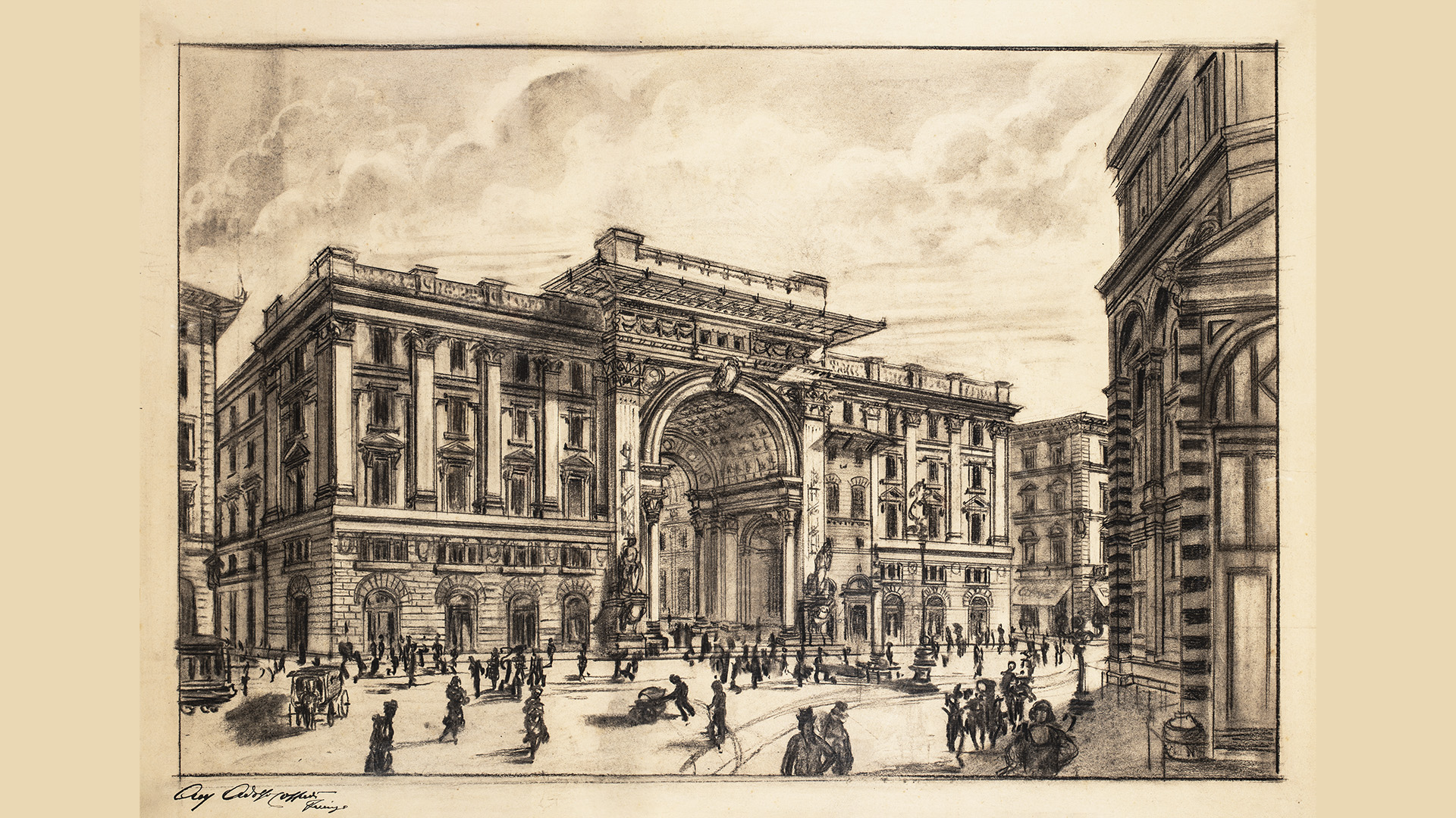 Nella seconda metà degli anni Venti l’attività professionale di Adolfo Coppedé sembra rallentare. Nel tentativo di riaffermarsi sulla scena artistica fiorentina, nel marzo del 1926 l’architetto presenta alla cittadinanza un progetto per la costruzione di una galleria monumentare intitolata a Mussolini, così da allineare Firenze alle altre grandi città italiane. Il progetto prevedeva la demolizione dell’isolato compreso tra piazza S. Giovanni, via dei Martelli, via dei Gori e Borgo S. Lorenzo, per costruirvi una grandiosa galleria con un vasto ambiente ottagonale al centro e tre ingressi monumentali, uno su piazza S. Giovanni (visibile nel disegno), uno su piazza S. Lorenzo e uno in via dei Martelli. La proposta suscitò subito violentissime polemiche, abilmente alimentate dai giornali e nate apparentemente dalla preoccupazione per la salvaguardia degli edifici antichi destinati alla demolizione, ma mosse forse più dall’avversione verso lo stile Coppedè, percepito ormai come antitesi della modernità, in una fase in cui la sensibilità stava cambiando. La presa di posizione più netta e celebre fu quella di Gabriele D’Annunzio sul “Corriere della Sera”, che accusò Coppedè di oltraggiare Firenze con la sua “terribil macchina”, sbeffeggiandolo con la definizione di “arcimaiuscolo Arcigocciolone”, alla quale Coppedè rispose cercando di dimostrare come l’invettiva del poeta fosse sproporzionata rispetto alla circostanza e derivata da un fraintendimento sulle aree da demolire e sul loro effettivo valore storico-artistico. L’intera vicenda si rivelò determinante per la carriera dell’architetto, causando un brusco calo nella committenza, sia di quella privata alto borghese, sia di quella pubblica, e in definitiva il suo isolamento artistico.